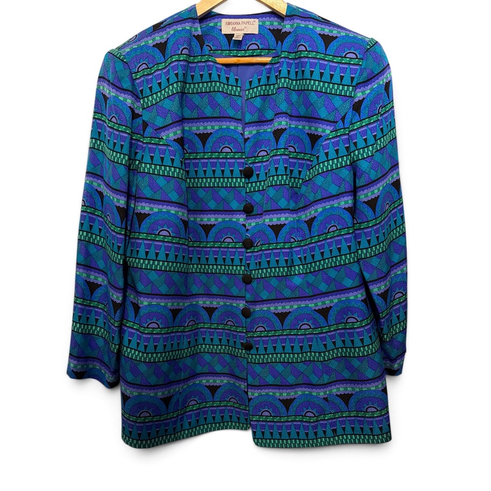 Vintage Adrianna Papell Woman 16L Geometric Silk Blazer Blue green purple